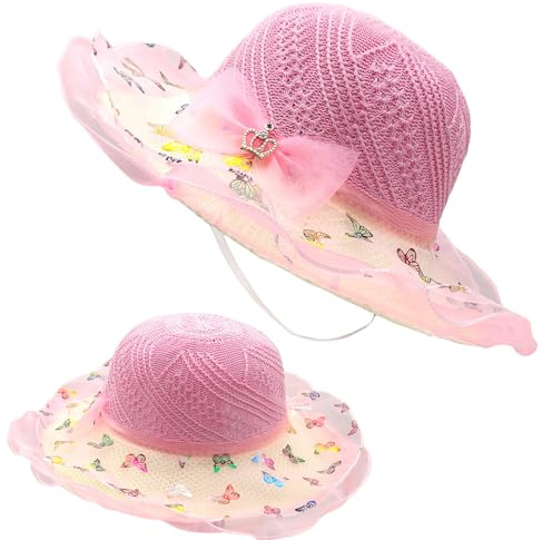 FOSDICK Ragazze Cappello di Paglia, A Tesa Larga Cappelli da Sole, Cappello Paglia per Bambini con Decorazione A Fiocco, Cappelli da Spiaggia Vacanza Cappellino Traspirante Outdoor