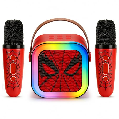 Karaoké Enfant avec Enceinte Bluetooth Et Deux Micros sans Fil, Effets Lumineux LED, Modulation De Voix Ludique, Compatible TF/USB, Format Léger Et Portable pour Fêtes D’Anniversaire (Rouge Foncé)