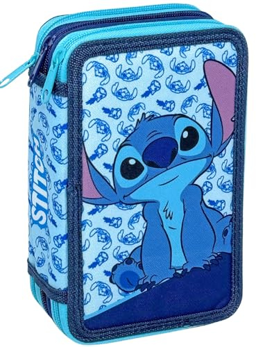 3-Fach Federmäppchen für Stitch Fan – 44-teilig, komplett gefüllt, inklusive Stifte, Bleistifte, Filzstifte, Buntstifte, Scheren – Grundschule und Geschenk – Offizielles Gadget für Kinder
