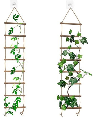 2 Stück Kletterleiter aus Holz, 15 x 90 cm, hängendes Wandspalier mit Quastenseil, dekoratives Pflanzenspalier für Pothos-Efeu, für den Innen- und Außenbereich im Garten