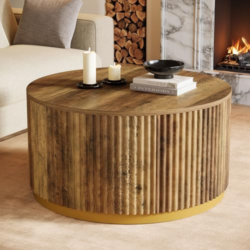 Tribesigns 80 cm runder Couchtisch, geriffelter Holztisch mit stabilem Trommelgestell, Wohnzimmertisch für Wohnzimmer, kleine Räume oder Büro, rustikales Braun