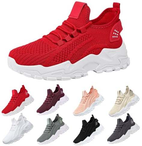 Platåsandaler damer sommar – fritidsskor damer andas damskor enfärgade joggingskor fashionabla löparskor bekväma sportskor som avslappnade maskerade sneakers, röd, 42 EU