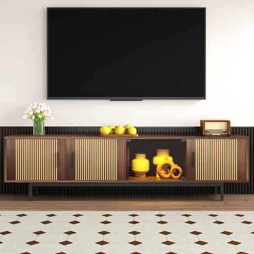 BTM TV Cabinet, LED Light Strip & Tempered Glass Door, Lowboard with Carved Texture