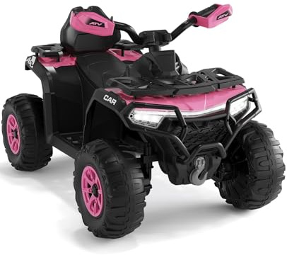 GarveeMore Coche Eléctrico Infantil 12V, Quad Eléctrico para Niños, 2 Motores,Mando Parental,Suspensión,Faros LED, Música, Bluetooth, USB, Bandera Luminosa, A Partir de 3 Años, 95×56×55cm Rosa Oscuro
