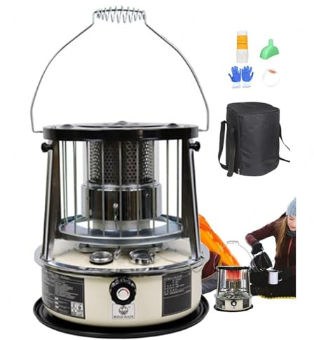 9000 BTU Petroleum Heizung Docht-Heizung 4,6L Tank 20 Stunden Laufzeit Stromlose Notheizung Heizgerät für Camping, Garage,Off-white-completeset
