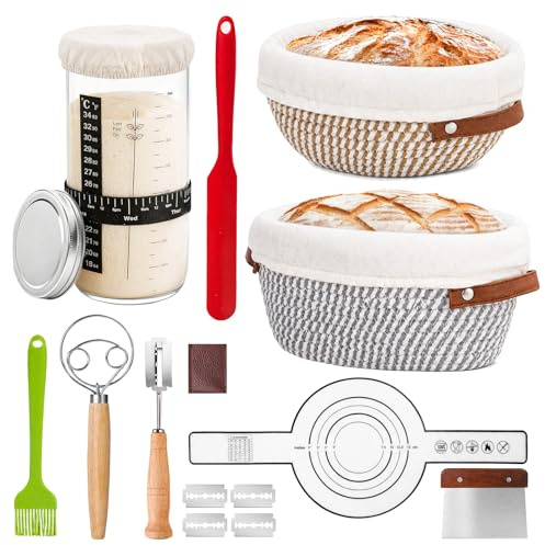 Kit di avviamento per lievito (21 pezzi) con cestello di fermentazione ovale da 30 cm in corda di cotone e vaso rotondo da 25 cm. Accessori da forno per principianti