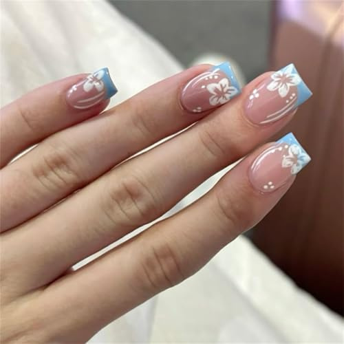 24Pcs Press On Nails, False Nails, Fake Nail, Stick On Nail, Nail Press Ons - Blue French Tip Flower Short Square Set With Glue, Fresh Summer Manicure Kit For Women Daily Wear & Holidays