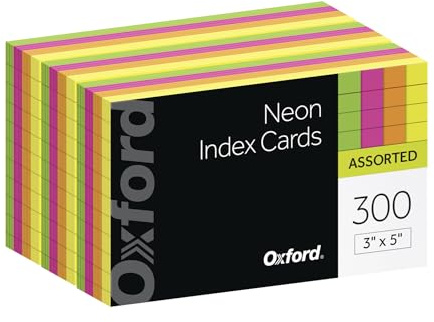 Oxford Neon Index Cards, 3 x 5, Ruled, Assorted Colors, 300 Per Pack (81300EE)