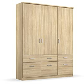 Rauch Möbel Bremen, Kleiderschrank, Farbe Eiche Sonoma, Breite 136 cm | Schrank, Mehrzweckschrank, 3-türig, 6 Schubladen, für Schlafzimmer, Kinderzimmer, Homeoffice, Gästezimmer, Garderobe, Flur