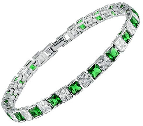 [RIZILIA Cubos de hielo] Tenis Pulsera [18cm/7inch] con Corte Princesa Piedras Preciosas Circonita CZ [Esmeralda Verde] en 18K Chapado en oro blanco, Elegancia Moderna Sencillo