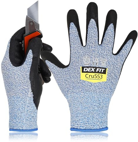 DEX FIT Guantes Anticortes de Nivel 5 Cru553, Ajuste Cómodo Elástico 3D, Buen Agarre, Recubrimiento de Espuma Duradero de Nitrilo, Táctil, Fino y Ligero, Lavable, Azul 9 (L) 1 Par