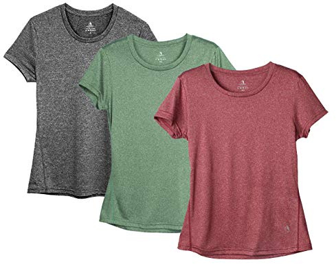 icyzone Women's Workout Running T-Shirt Activewear Yoga Gym Short Sleeve Tops Sports Shirts, 3-Pack (S, Charcoal/Burgundy/Turf Green)