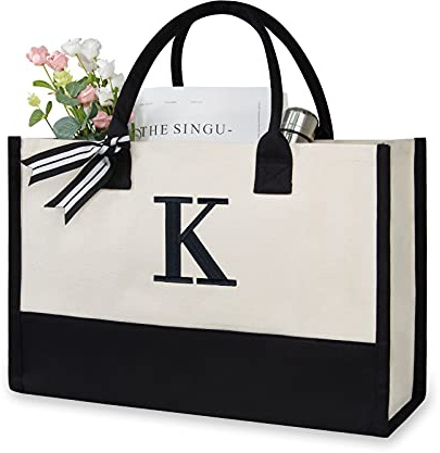 TOPDesign Embroidery Initial Canvas Tote Bag, Personalized Present Suitable for Wedding, Birthday, Beach, Holiday, is a Great Gift Women, Mom, Teachers, Friends, Bridesmaids (Letter K)
