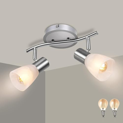 Unikcst 2 Flammig LED Deckenleuchte E14 Deckenstrahler Chrom | Glas Lampenschirm, Deckenlampe Schwenkbar 350° 230V, für Schlafzimmer Wohnzimmer Küche, inkl. Warmweiß Glühbirne