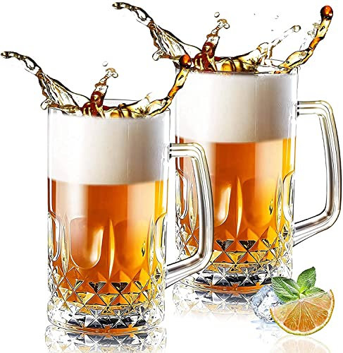 Tazas de cerveza Stein de 32 onzas, paquete de 2 vasos de cerveza extra grandes de estilo alemán, transparentes para hombres, vidrio grueso resistente con mango