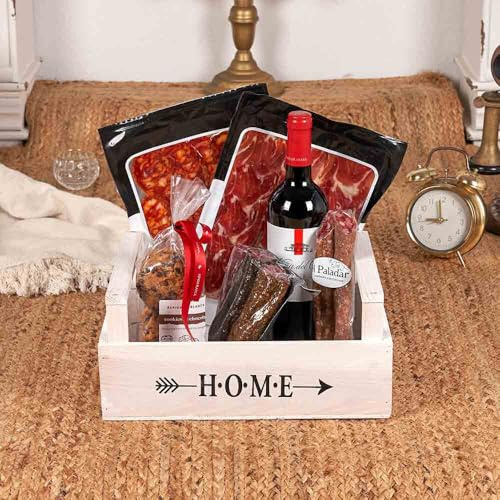 Cesta de Navidad Gourmet - Lote Dt 020-25 / con vino tinto Rioja, jamón reserva, longaniza, chorizo ibérico, fuet y dulces de chocolate en bandeja blanca regalo
