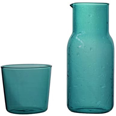 Bedside Water Carafe with Tumbler Glass,URMAGIC Green Bedside Water Carafe Set(550 ml Carafe + 200 ml Cup),Nightstand Water Carafe with Glass,Water Pitcher,Glass Mouthwash Bottle