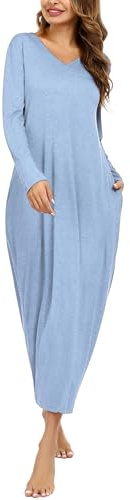 Sykooria Lång nattlinne för kvinnor bomull säckig nattlinne plus size nattskjorta långärmad v-ringad sömnklänning vardaglig nattkläder med fickor, A - Ljusblå, L