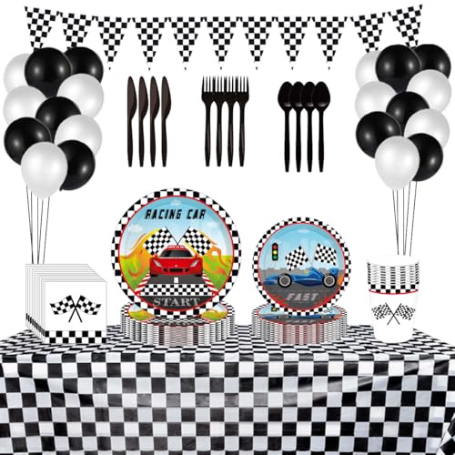 Auto Partygeschirr Set, Rennwagen Party Geschirr, Pappteller, Servietten, Tischdecke, Pappbecher, Racing Car Party Supplies, Partydekoration für 8 Gäst