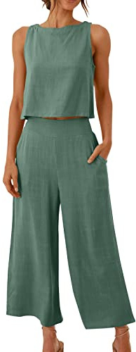 AACH Damen Zweiteilige Outfits Leinen Freizeitanzug Sommer Tank Top und Hose 2 Teiler Hosenanzug Casual Einfarbig Jogginganzug Elegant Leicht Loungewear mit Taschen Strand Leinenanzug