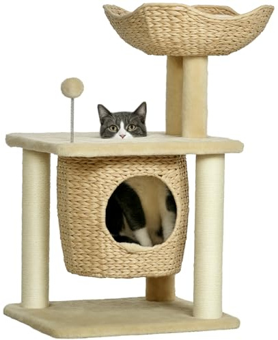 PawHut Arbre à Chat griffoir, Arbre à Grimper pour Chat, en quenouille, 1 Niche, Panier, Pompon, Tour de Jeux pour Chats, Peluche, Hauteur 74 cm, Beige | Arbre à Grimper pour Chat, Tour de Jeux pour Chats, Peluche