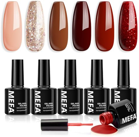 MEFA Smalto Semipermanente Unghie, Rosso Glittero Marrone 6 Colori Smalti Semipermanenti per Unghie, Soak-Off UV Gel per Natale Nail Art Smalto Gel Professionali Kit