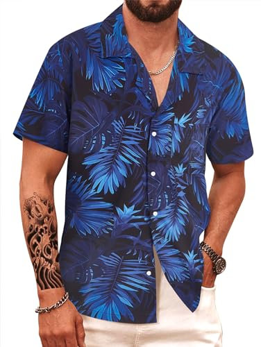 APTRO Men's Hawaiian Shirt Short Sleeved Floral Summer Beach Funky Party Holiday Shirt Blue Leaves F200 L