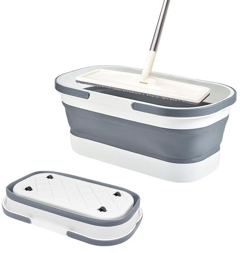 pangshi Collapsible Plastic Mop Bucket - 12L(3.17 Gallon) Window Washing Bucket with Wheels Foldable Mop Buckets Water Pail for House Car Cleaning Camping (Grey)