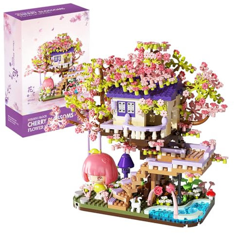 Kirschblüte Baumhaus, Sakura Bonsai Baum Bausatz, 1275+ Klemmbausteine Sakura-Baumhaus-Modellsets für Erwachsene, DIY Kreatives Botanik Kollektion Deko Geschenk Nicht Kompatibel mit Lgo Baumhaus