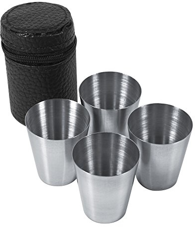 HERCHR Juego de vasos de chupito de acero inoxidable de 4 piezas, taza de té de café portátil para acampar al aire libre de 30 ml con estuche de transporte de cuero Vasos de chupito de