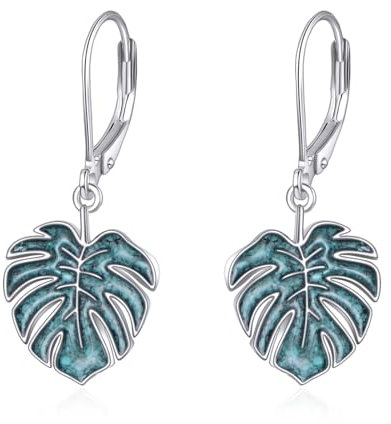 ONEFINITY Monstera Earrings 925 Sterling Silver Turquoise Palm Leaf Dangle Earrings Tropical Plant Earrings Plant Jewelry for Women