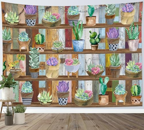 LB Wandteppich Sukkulente Pflanze Wandtuch Grüner Kaktus auf Vintage-Holzregal Wandbehang Rustikales Bauernhaus Tapisserie für Wohnzimmer Schlafzimmer Wohnheim Wanddeko,150x100cm