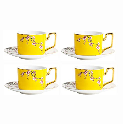 BODHIS Juego de té de Porcelana, Juego de Taza de café y platillo, Juego de Tazas de café Vintage Amarillas S con cucharas de 220 ml