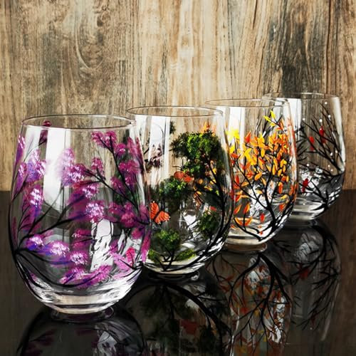 Juego de copas de vino pintadas a mano para árbol de las cuatro estaciones, decoración colorida para primavera, verano, otoño e invierno, regalo único de inauguración de la casa, juego de 4 vasos sin