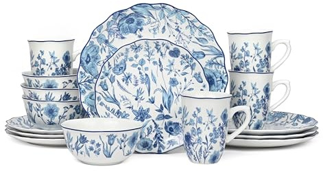 Waterside 16pc Premium Blue Floral Porcelain Dinner Set; 4 Dinner Plates, Side Plates, Deep Bowls & Mugs - Dishwasher & Microwave Safe