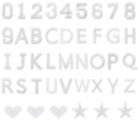 QUARKZMAN 78 Stück Aufnäher zum Aufbügeln, A-Z Buchstaben und 0–9 Zahlen zum Aufbügeln, Herz Stern Gestickter Patch zum Aufbügeln für Kleidung, Hosen, Hüte, Taschen(Weiß）