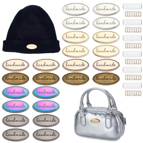 WEBEEDY 24 Pcs 6 Colors Oval Alloy Handmade Tags with Shim, Handmade Decorative Tags Label for DIY Sewing Craft, Hats, Crochet Bag, Purse, Handbag, Backpack, Clothing Decor, 2x4cm