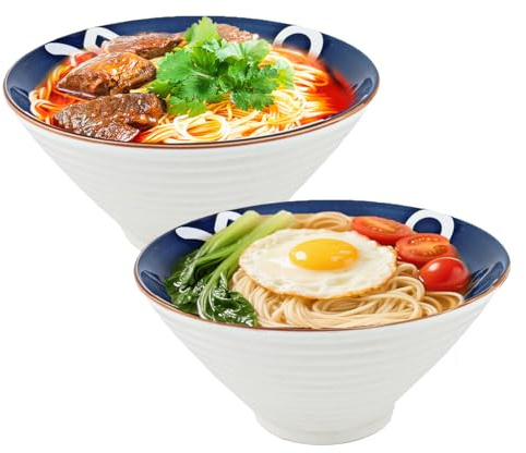 Lot de 2 grands bols à ramen en céramique de 1200 ml inspirés de bols à soupe pour dessert, céréales, nouilles, porridge, soupe thaïlandaise Udon Wonton, blanc (20 x 8,3 cm), passe au lave-vaisselle