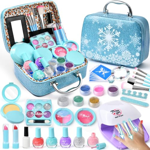 G.C 2 in 1 Kinderschminke Set Mädchen mit Nageltrockner Waschbar Schminke | Königin des Eises Spielzeug Geschenke für Mädchen 4 5 6 7 8 Jahre, Schminkkoffer mit Peel-Off Nagellack Glitzer Tattoo