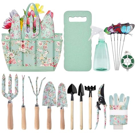 Hinourisha Garden Tools Set, 15 Pcs Heavy Duty Floral Gardening Kit, Gardening Gifts for Women or Beginners, include Storage Bag, Scissors, forks, kneeling pads, rakes, etc.