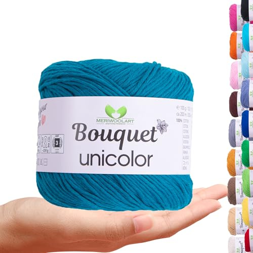 MeriWoolArt Bouquet Baumwollgarn Petrol – 100% Baumwolle – Häkelgarn & Strickgarn – 100g, 200m – Ideal für Tücher, Babydecken, Amigurumi, Sommerkleidung & Wohnaccessoires