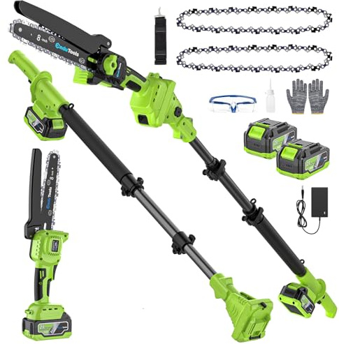 Pole Saw Battery Powered with Mini Chainsaw 8 Inch, Extension Pole, Tool-Free Chain Tension, 4.0Ah Batteries, Extra Chains, Up to 15FT Reach, Cordless Pole Chainaw for Tree Pruning & Branch Trimming