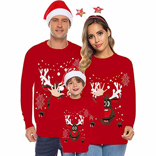 TBloevwlh Pull De Noel Femme Renne de Noël pour la Famille Homme Enfants Longue Manches Tops Christmas Sweater Pulls Familles Col Rond Sweat-Shirt Hiver Chaud Santa Wapiti Imprimé Assortis.