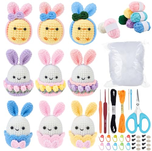 INFUNLY 9 Set Osterhase Ei Häkelkit für Anfänger DIY Starter Häkelset All-in-One Bunter Hase Handgefertigtes Häkelset mit Schritt Schritt Anleitung und Videoanleitungen für Erwachsene