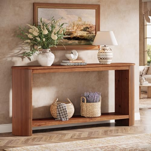 TRIBEWOOD 63 Solid Wood Console Table, Farmhouse 2-Tier Narrow Long Sofa Entryway Table for Living Room, Hallway, Easy Assembly, Brown