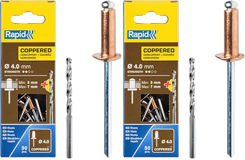 Rapid Scatola da 50 Rivetti in Alluminio da Ø4 x 10 mm, Adatti a Fissare Grondaie, Tubazioni e Lamiere, Include Punta per il Trapano - Rivestiti in Rame (5001462) (Confezione da 2)