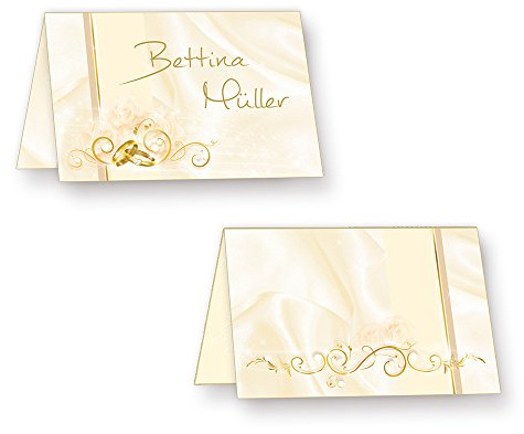 TATMOTIVE Tischkarten Hochzeit Perlmutt, 40 Stück elegante Platzkarten | Edler Glanz, stabiler Chromolux-Karton, wunderschöne Ringe & Ranken, perfekt für die Goldene Hochzeit, leicht faltbar