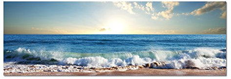 Paul Sinus Art Panoramabild auf Leinwand und Keilrahmen 150x50cm Meer Strand Wellen Sonnenuntergang Wolken