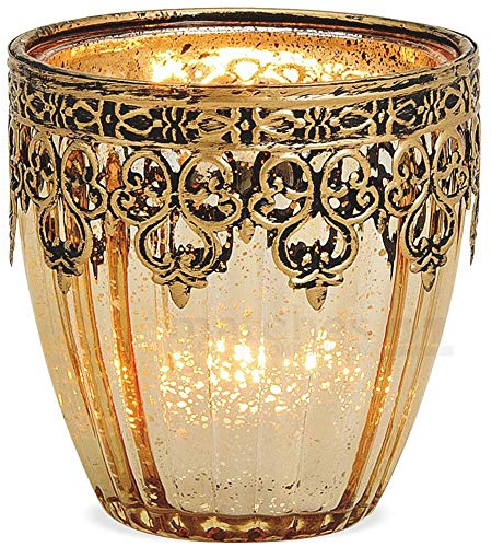 matches21 Windlicht Kerzenglas Glas Teelichtglas Orientalisch Marokko Design Gold antik Metalldekor 1 STK Ø 8x9 cm