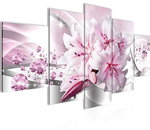 Runa Art - Bilder Blumen Lilien 200 x 100 cm 5 Teilig XXL Wanddekoration Design Grau Rosa 021851c